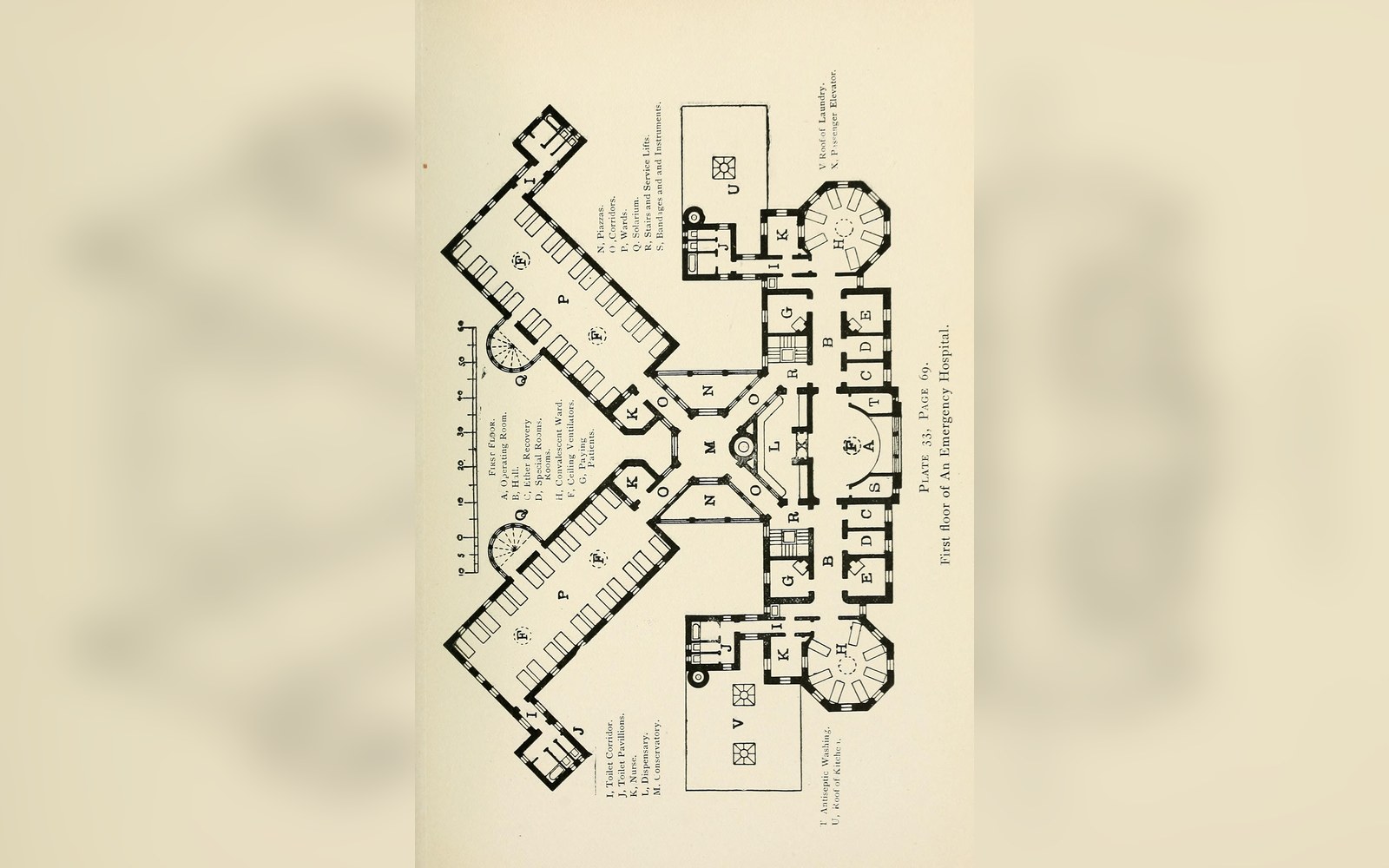 Architectural floor plan of an emergency hospital with labeled pavilion wards and connecting corridors